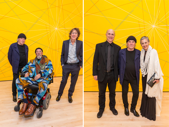 Left: Artists Brice Marden, Chuck Close, and Charles Ray at SFMOMA’s Art Bash party.Right: Bill Fisher (son of Doris and Don Fisher), artist Brice Marden, and SF Symphony President Sako Fisher.