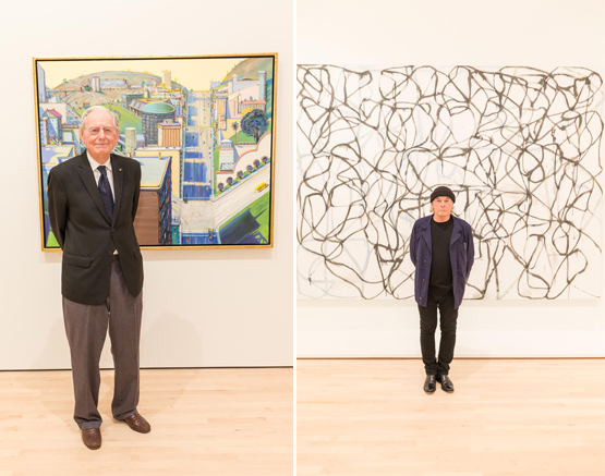 Left: Artist Wayne Thiebaud in front of one of his paintings in the Fisher Collection.Right: Artist Brice Marden in front of one of his pieces in the Fisher Collection.