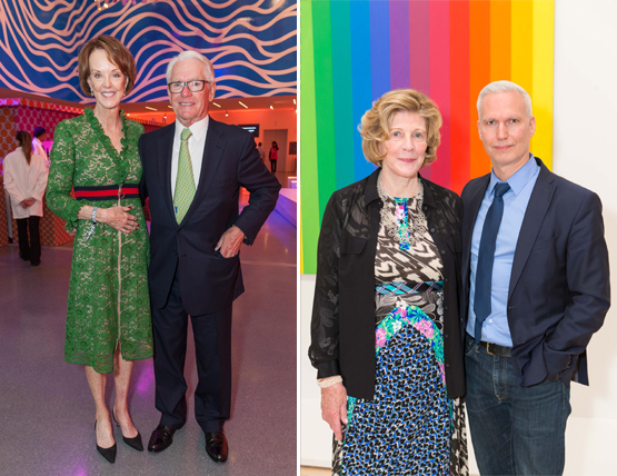 Left: Helen Schwab with husband Chuck Schwab, SFMOMA Board Chair and founder of the eponymous brokerage and banking company.Right: Agnes Gund, President Emerita of NYC’s MoMA and Chair of MoMA PS1, with Klaus Biesenbach, Director of MoMA PS1.