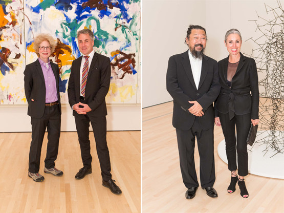 Left: Artist Julia Cher with Nils Ohlsen, a director at the National Museum of Art in Oslo.Right: Artist Takashi Murakami with Maria Blum.