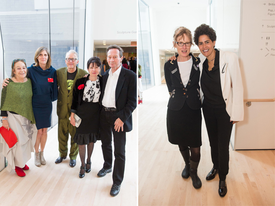 Left: Lisbeth Haas, SFMOMA Curator Jennifer Dunlop Fletcher, artist Chip Lord, artist Isabelle Sorrell, and Paul Klaus.Right: Artists Janet Cardiff and Julie Mehretu.